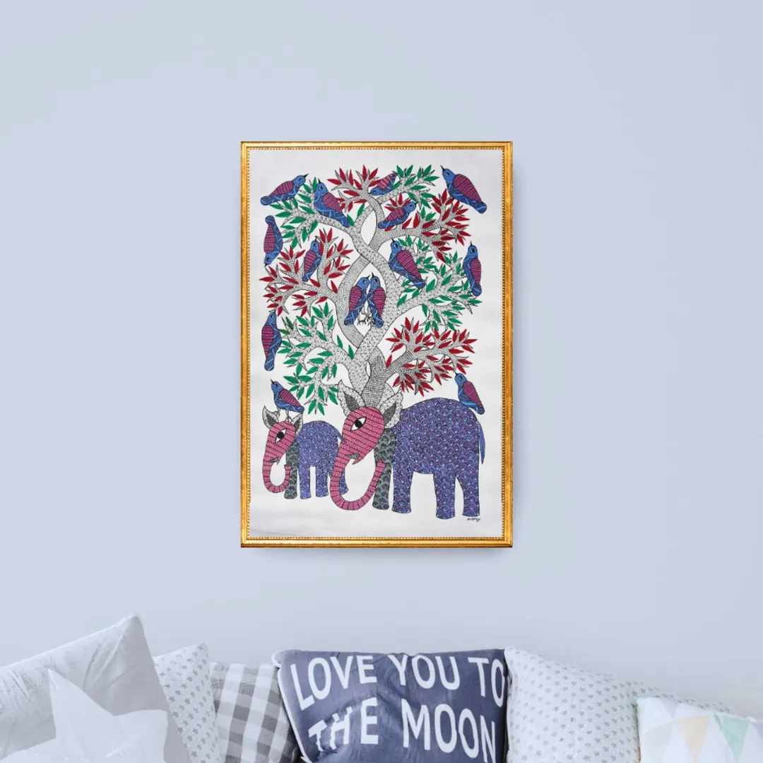 Mother and Baby Elephant Under a Tree
