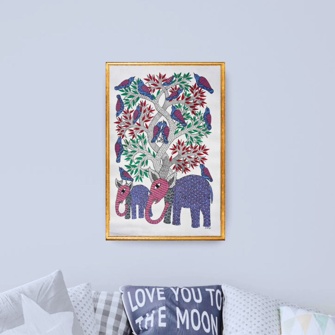 Mother and Baby Elephant Under a Tree