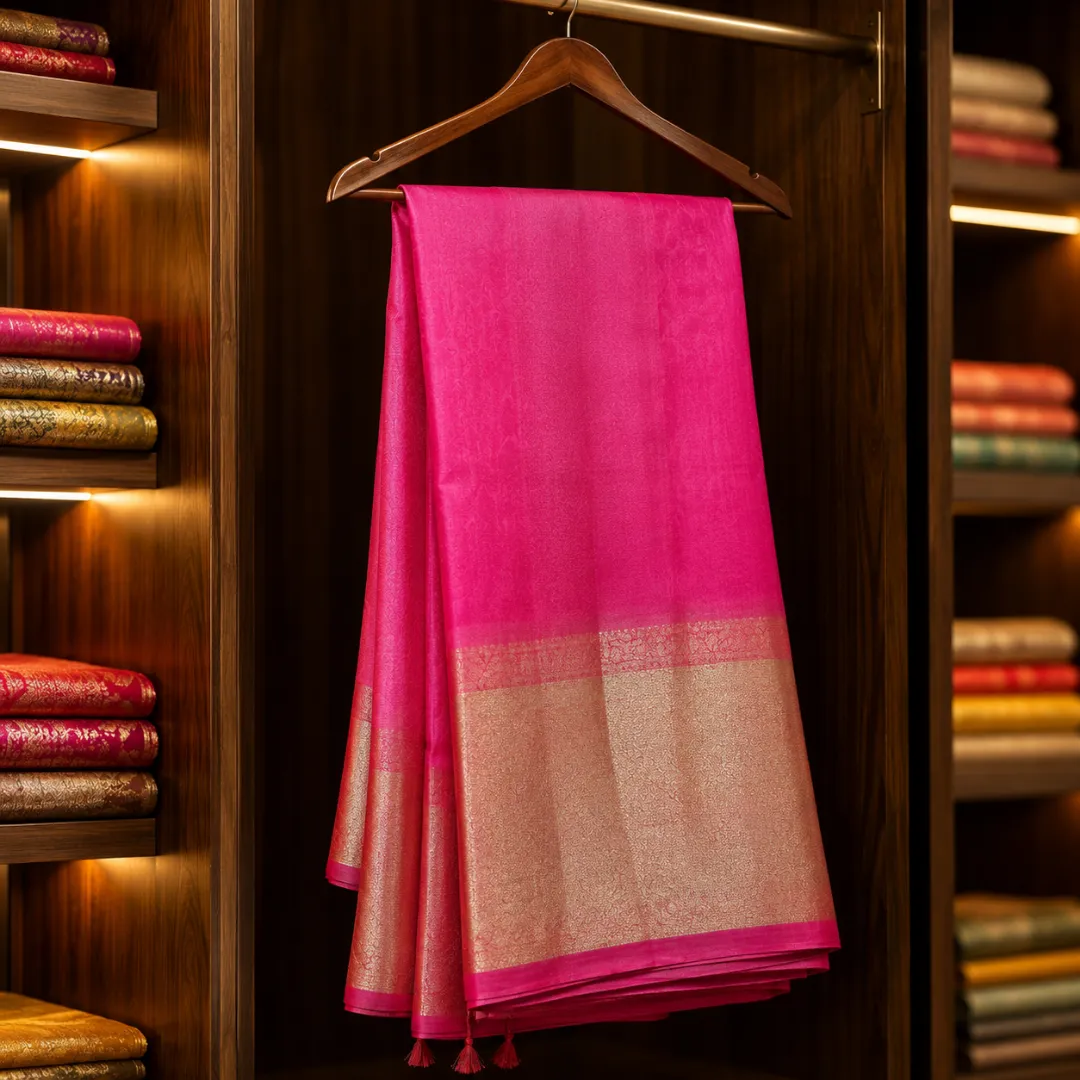 Golden Grace in Pink – Handcrafted Maslin Organza Saree with Matching Blouse