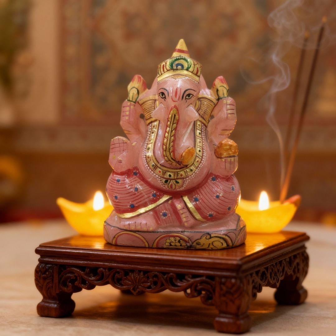 Gemstone Rose Quartz Printed Ganesha Idol for Home and Spiritual Decor