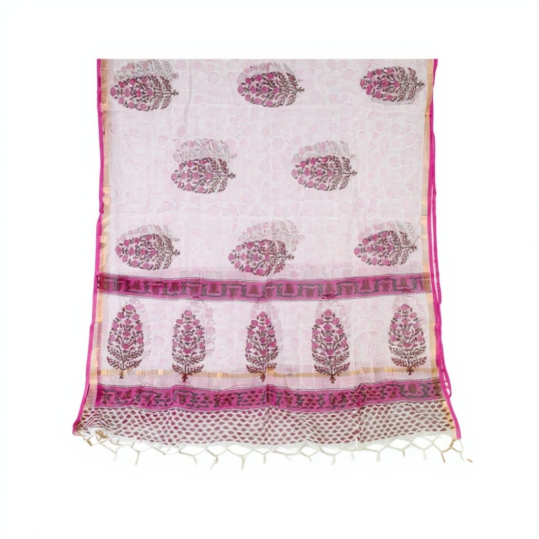 Kota Doriya Dupatta with Hand Block Printed Floral Motifs