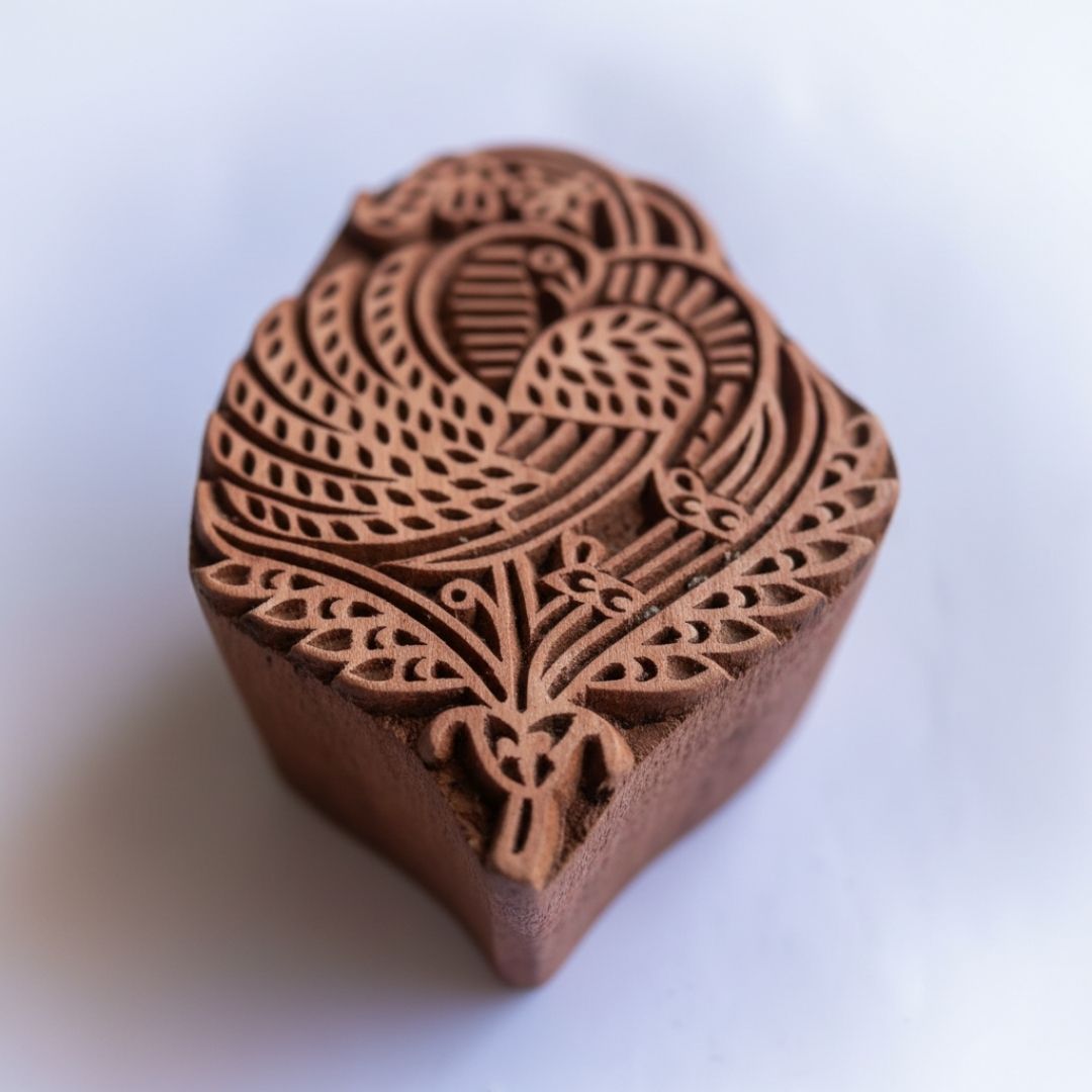 Hand-Carved Gurjan Wood Printing Block with Peacock Motif