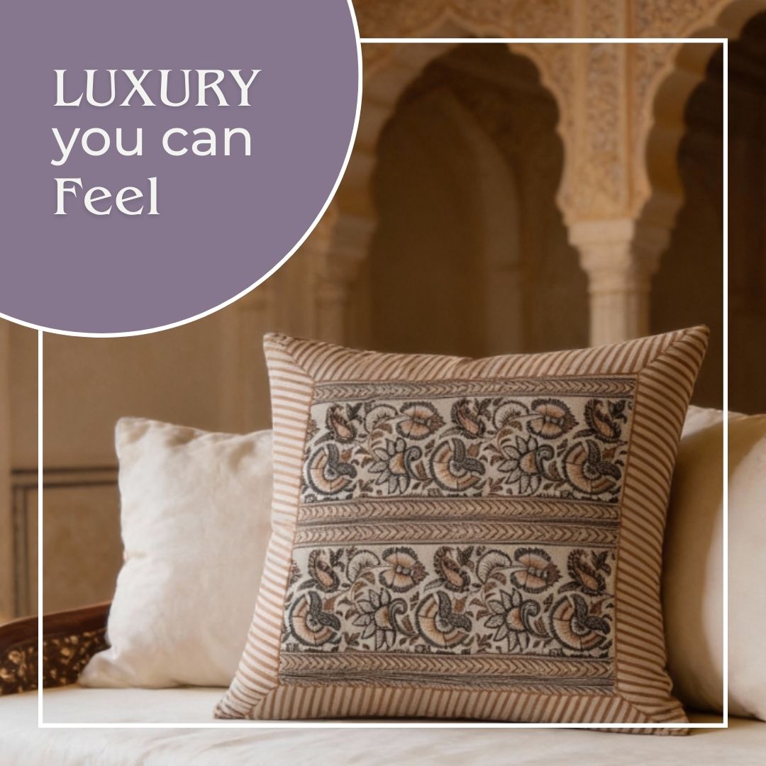 South Cotton Block Printed Cushion Covers with All-Over Pattern & Detailed Border (Set of 2)