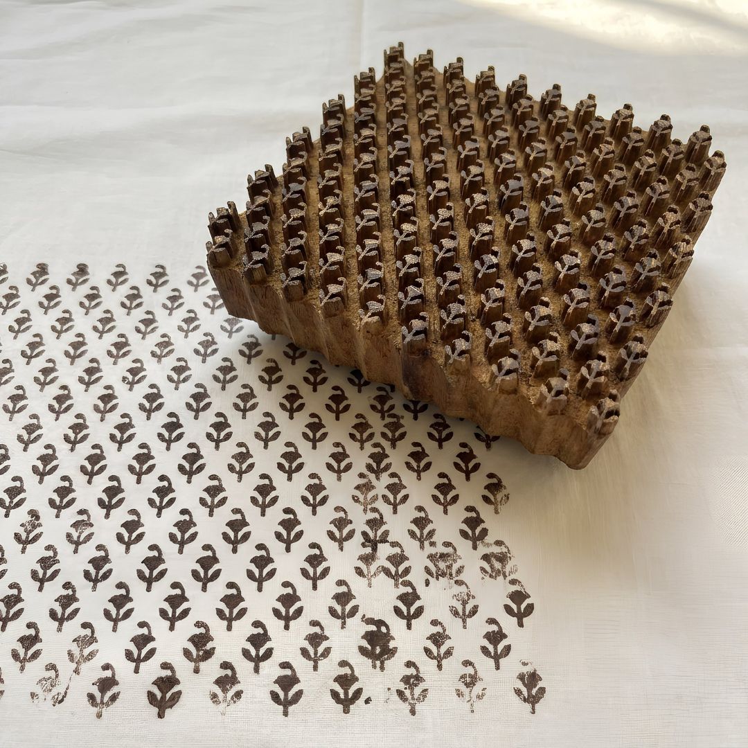 Sagwan Wood Hand-Carved Textile Printing Block with Geometric Floral Pattern