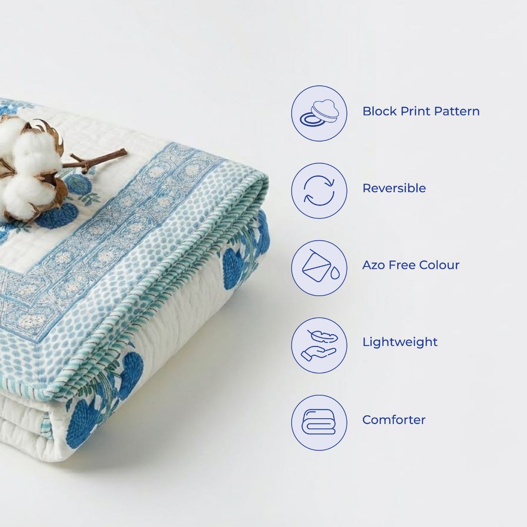Single Double-Sided Block Printed Cotton Comforter in Blue Floral Pattern