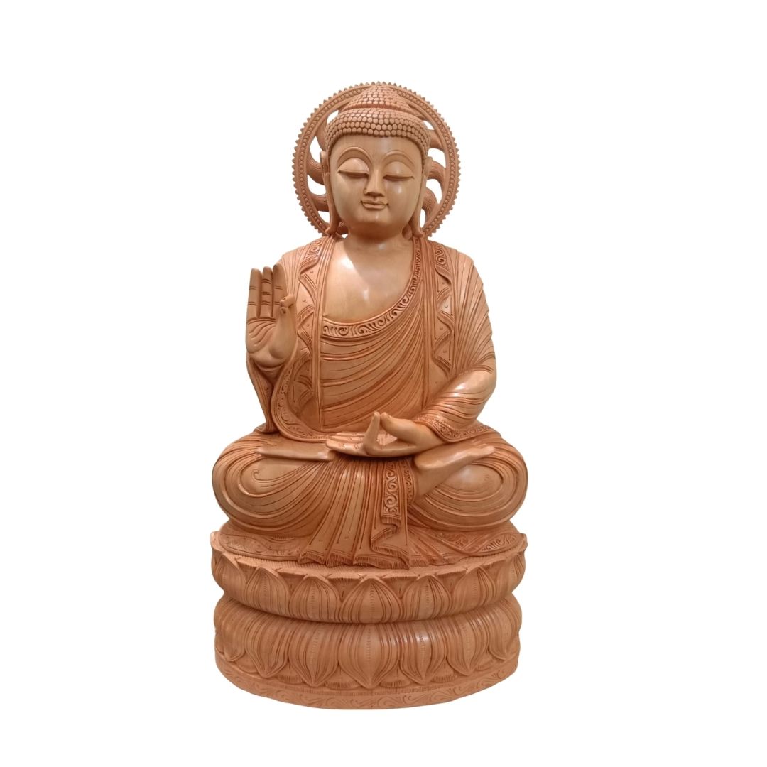 Handcrafted Sandalwood Buddha Idol in Meditation Pose on Double Lotus Base