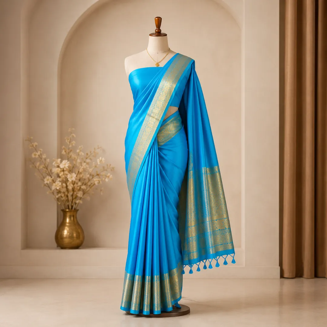 Graceful Handcrafted Sky Blue Maslin Organza Saree with Golden Zari Border & Matching Blouse Piece