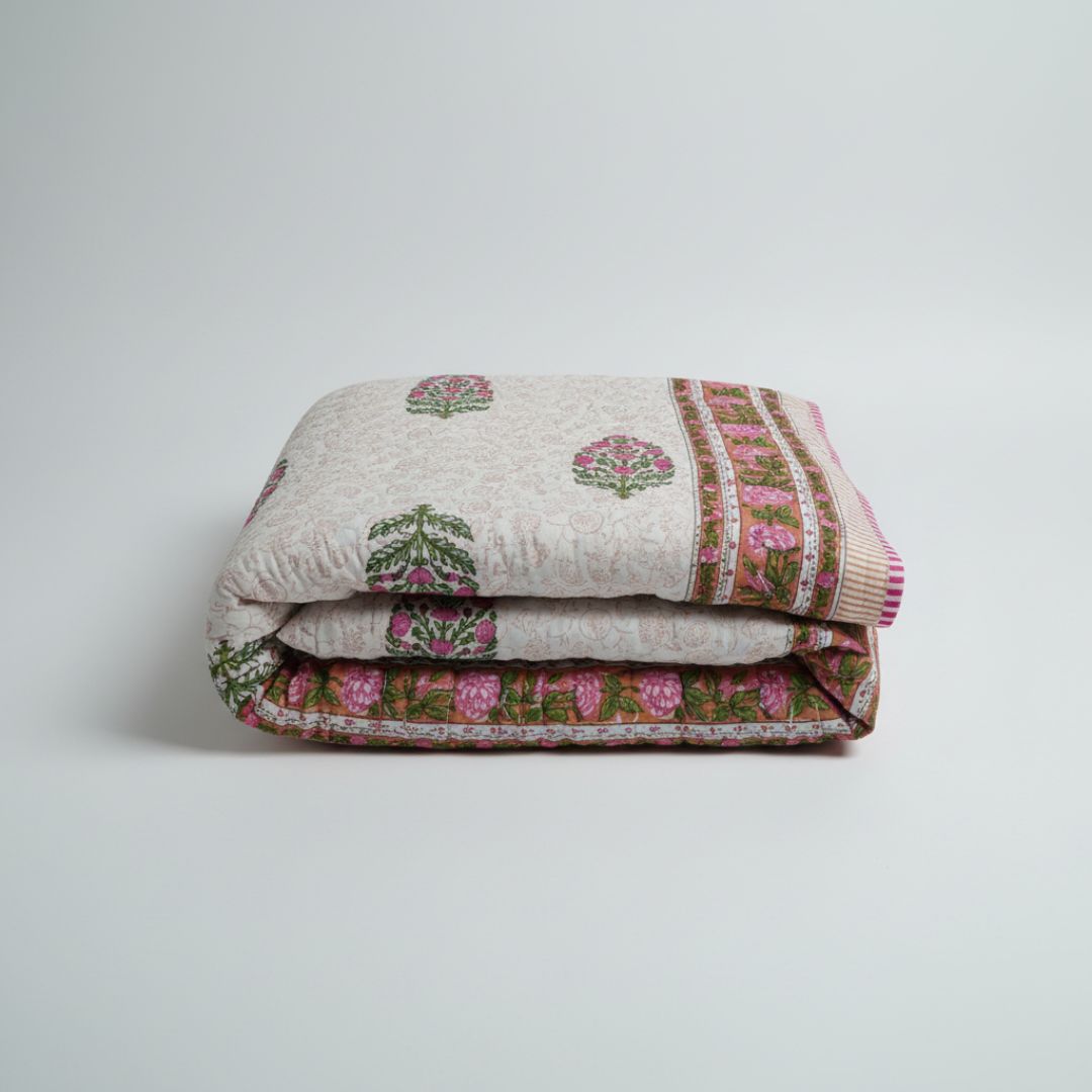 Single Double-Sided Block Printed Cotton Comforter in Pink Green Floral Pattern