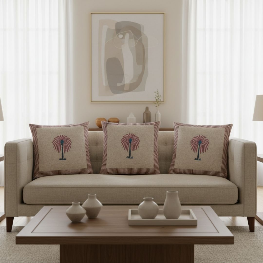 Block Printed South Cotton Cushion Cover with Handcrafted Instrument Motif