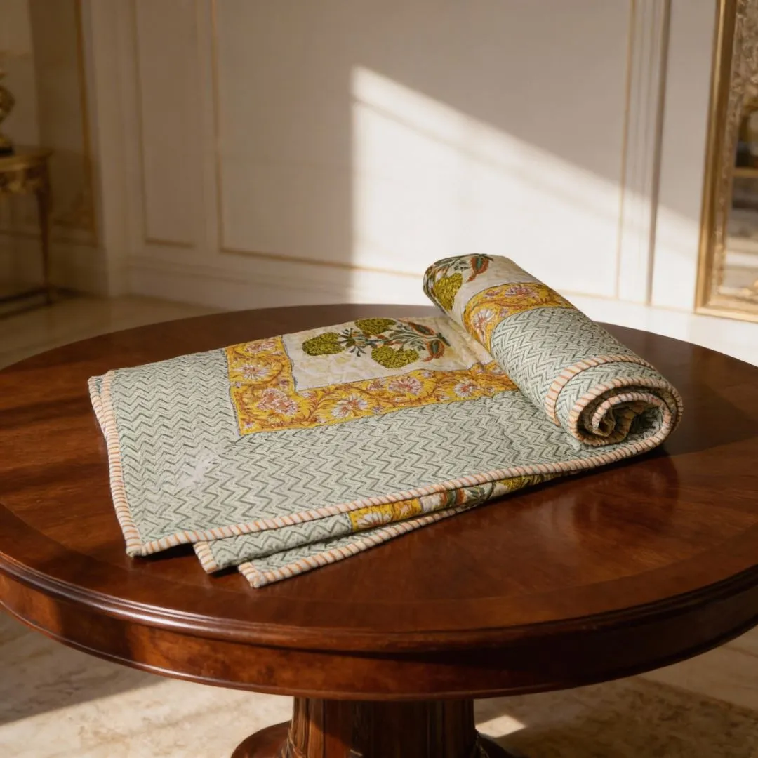 Single Double-Sided Block Printed Cotton Comforter in Yellow Green Floral Pattern