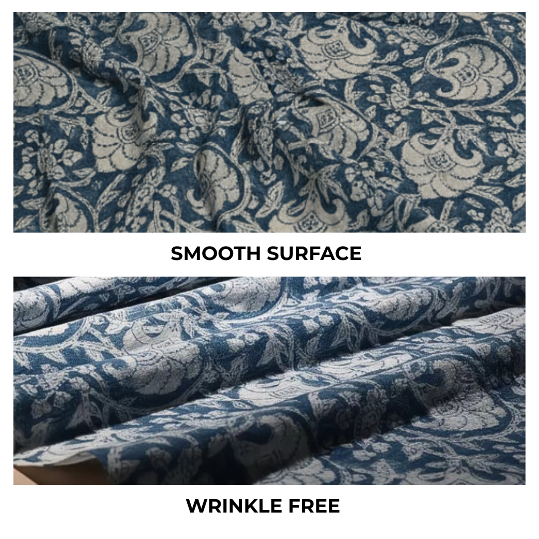 Single-Sided Block Printed Mal Cotton Fabric in Blue Floral Pattern