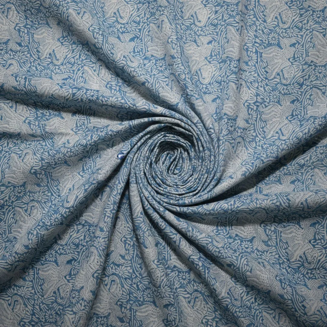 Single-Sided Hand Block Printed Mal Cotton Fabric – Blue Floral | Sold Per Meter