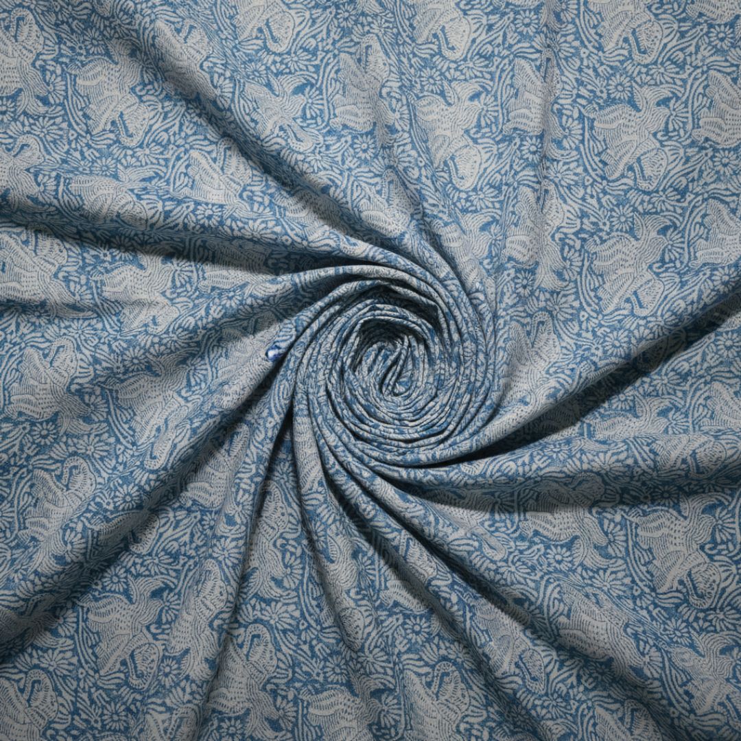 Single-Sided Block Printed Mal Cotton Fabric in Blue Floral Pattern