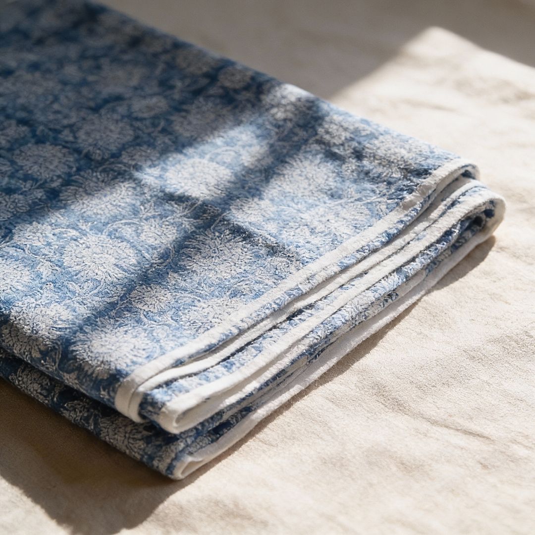 Single-Sided Block Printed Mal Cotton Fabric in Blue Floral Motif