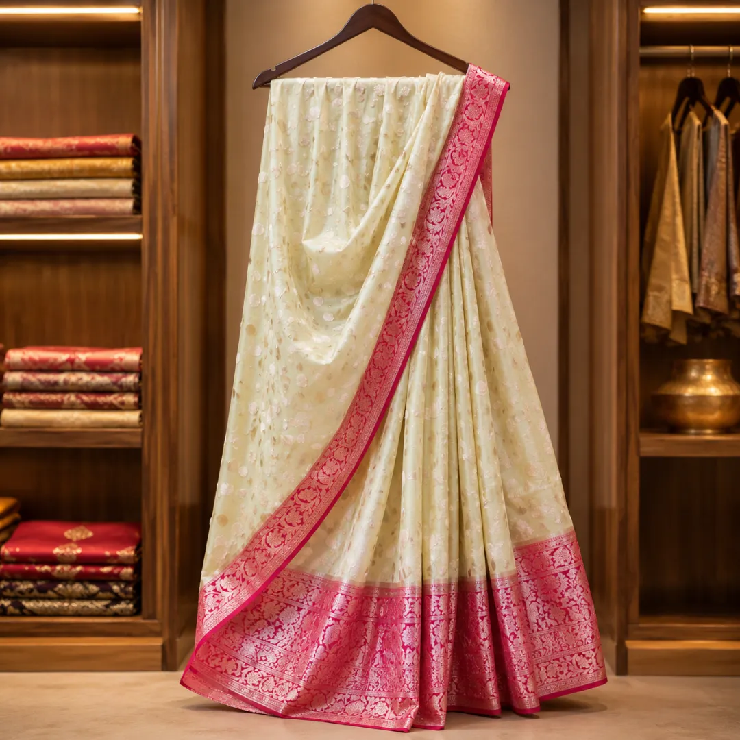 Handcrafted Creamy White Muslin Organza Saree with Deep Pink Zari Border & Blouse
