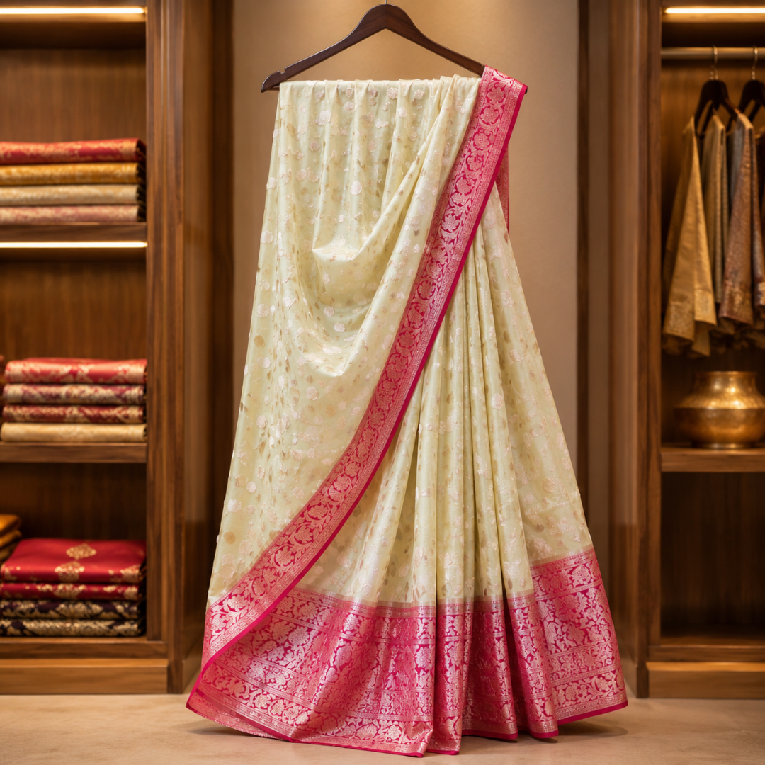 Handcrafted Creamy White Muslin Organza Saree with Deep Pink Zari Border & Blouse