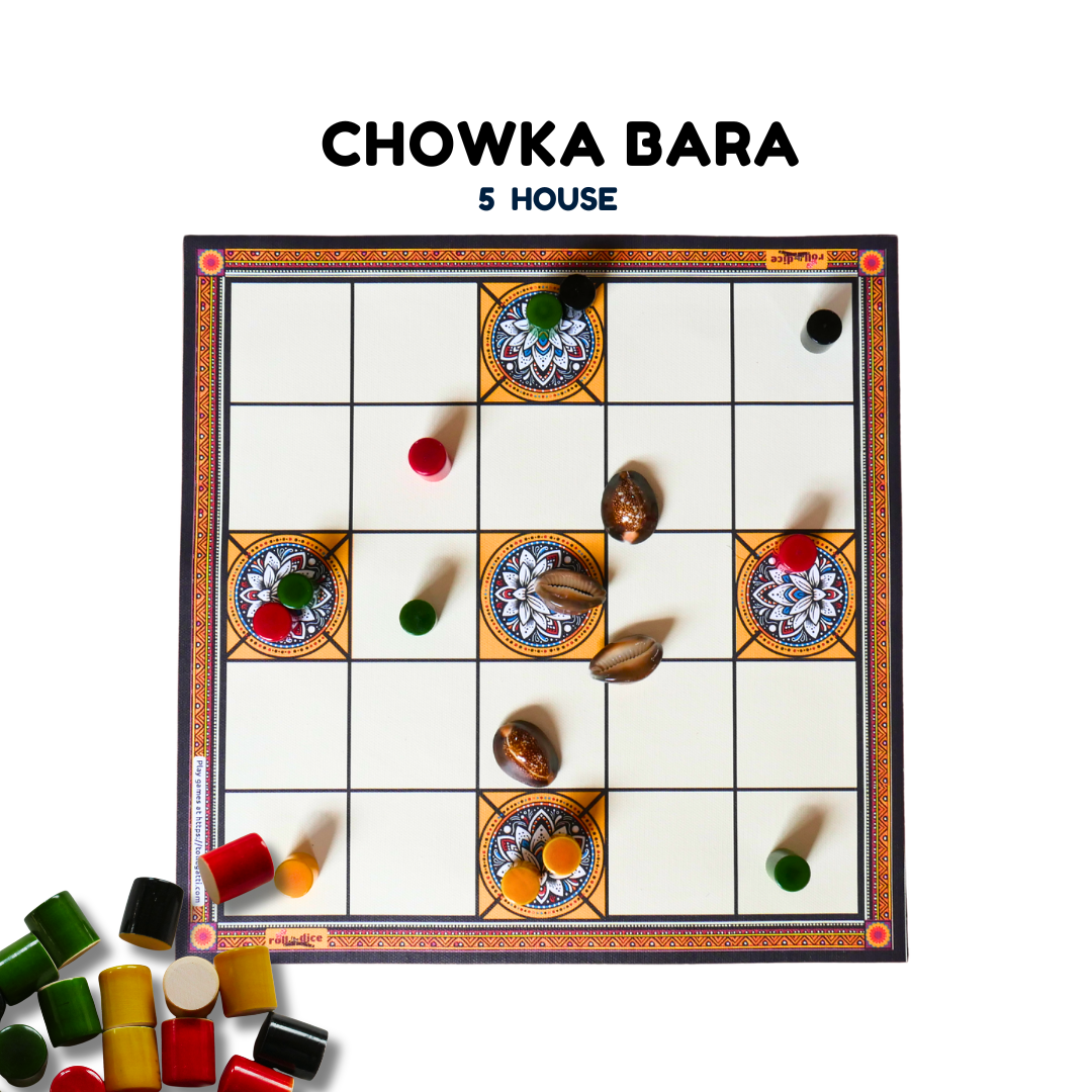 Chowka Bara 5 & 7 House Board Game Combo Set | Cotton Canvas Mat & Wooden Pawns | Ashta Chamma (Telugu), Daayam (Tamil) | Includes How to Play Instructions