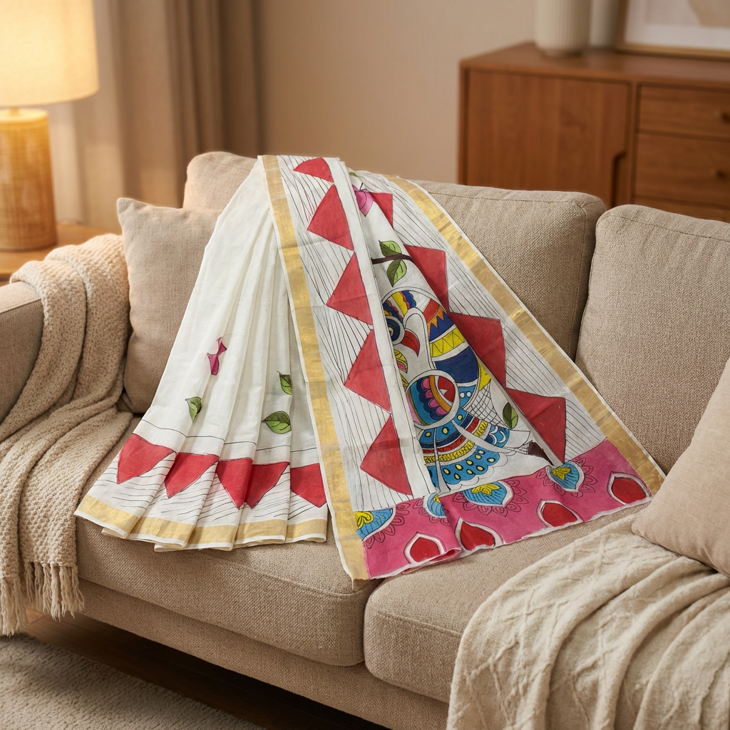 Kerala Cotton Hand-Painted White Saree with Multicolor Motifs & Golden Border | Includes Blouse Piece