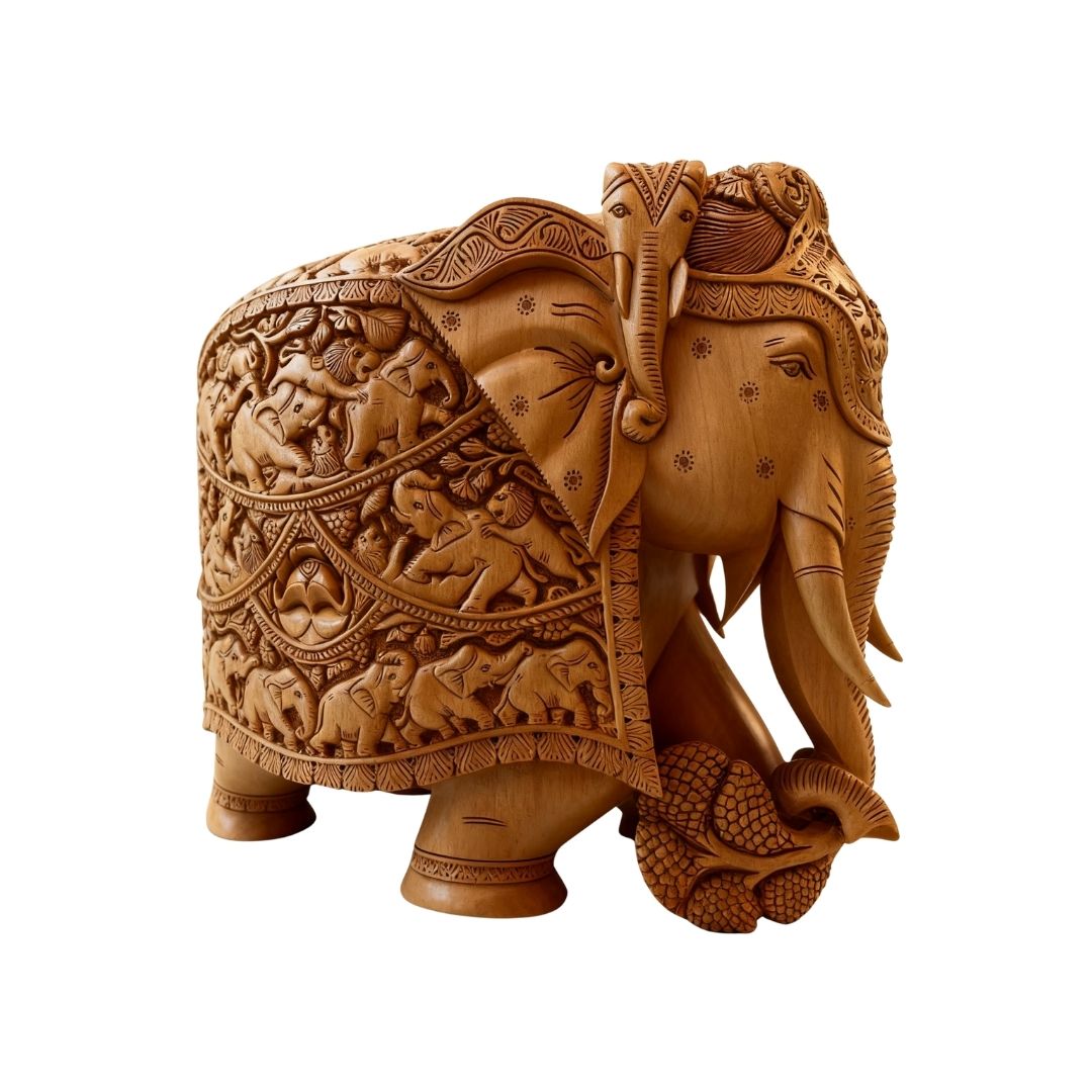 Royal Elephant Sculpture with Heavy Carved Jungle Scene in Sandalwood