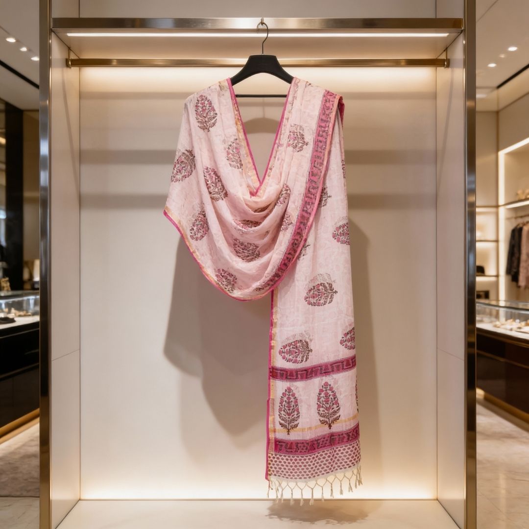 Kota Doriya Dupatta with Hand Block Printed Floral Motifs