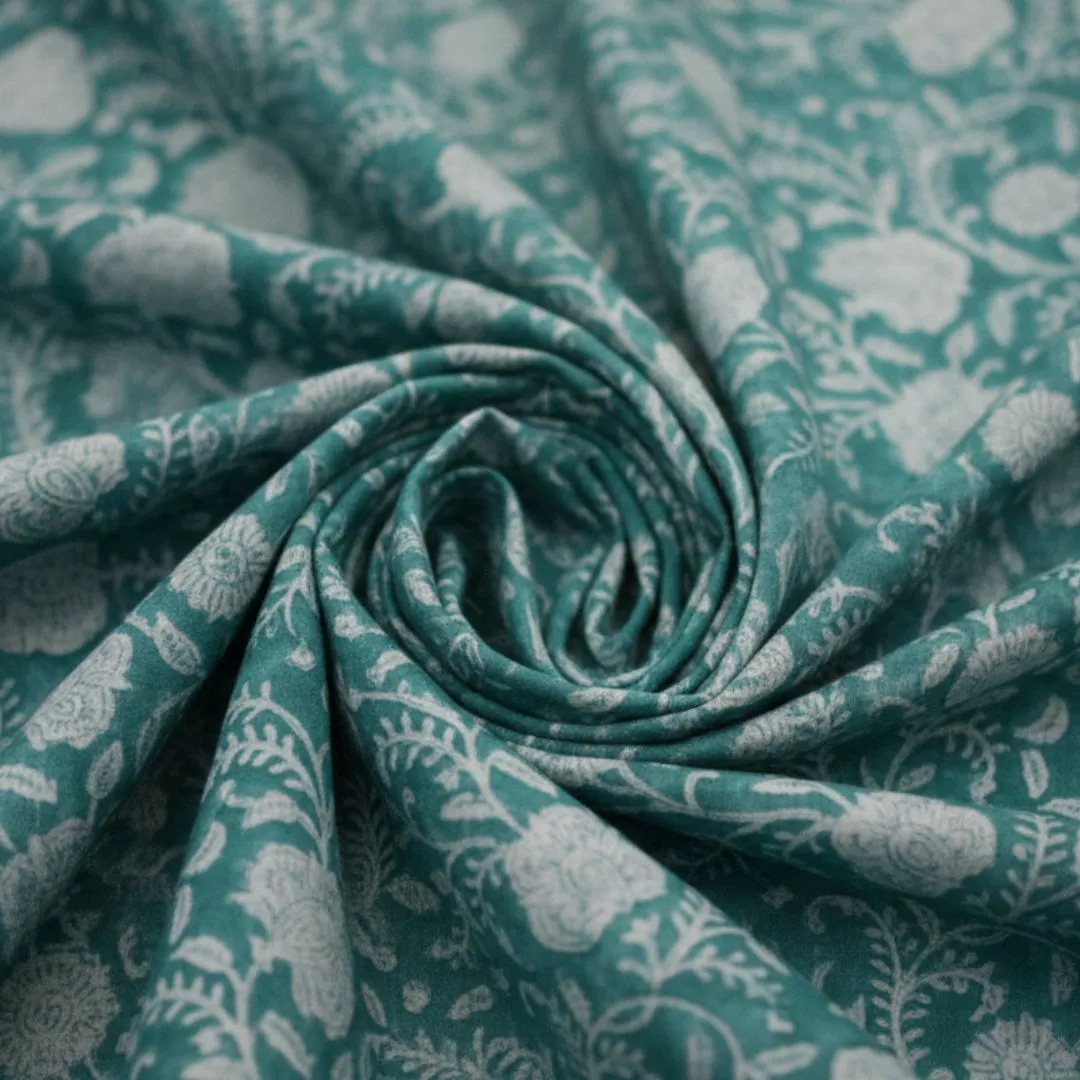 Single-Sided Hand Block Printed Mal Cotton Fabric – Teal Floral | Sold Per Meter