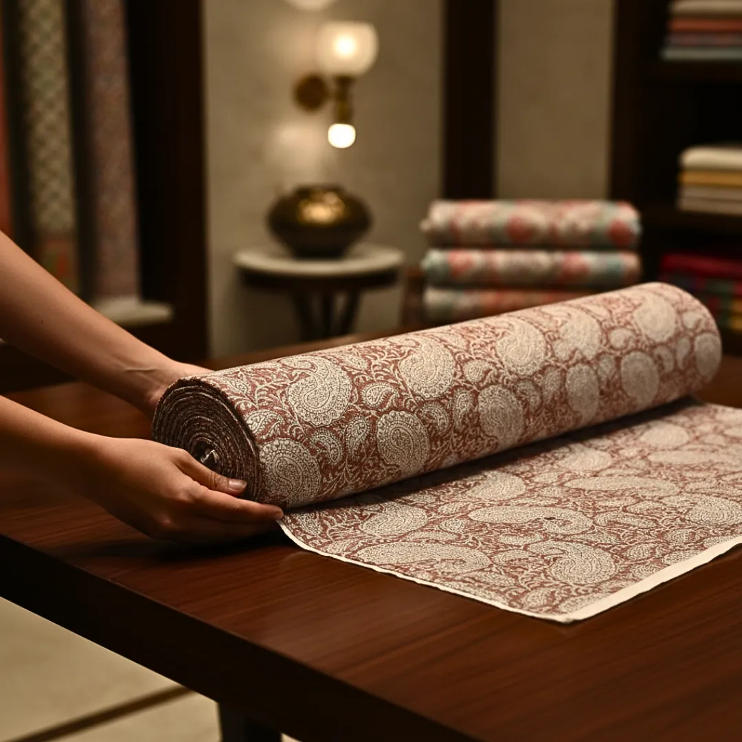 Single-Sided Hand Block Printed Mal Cotton Fabric – Brown Paisley | Sold Per Meter