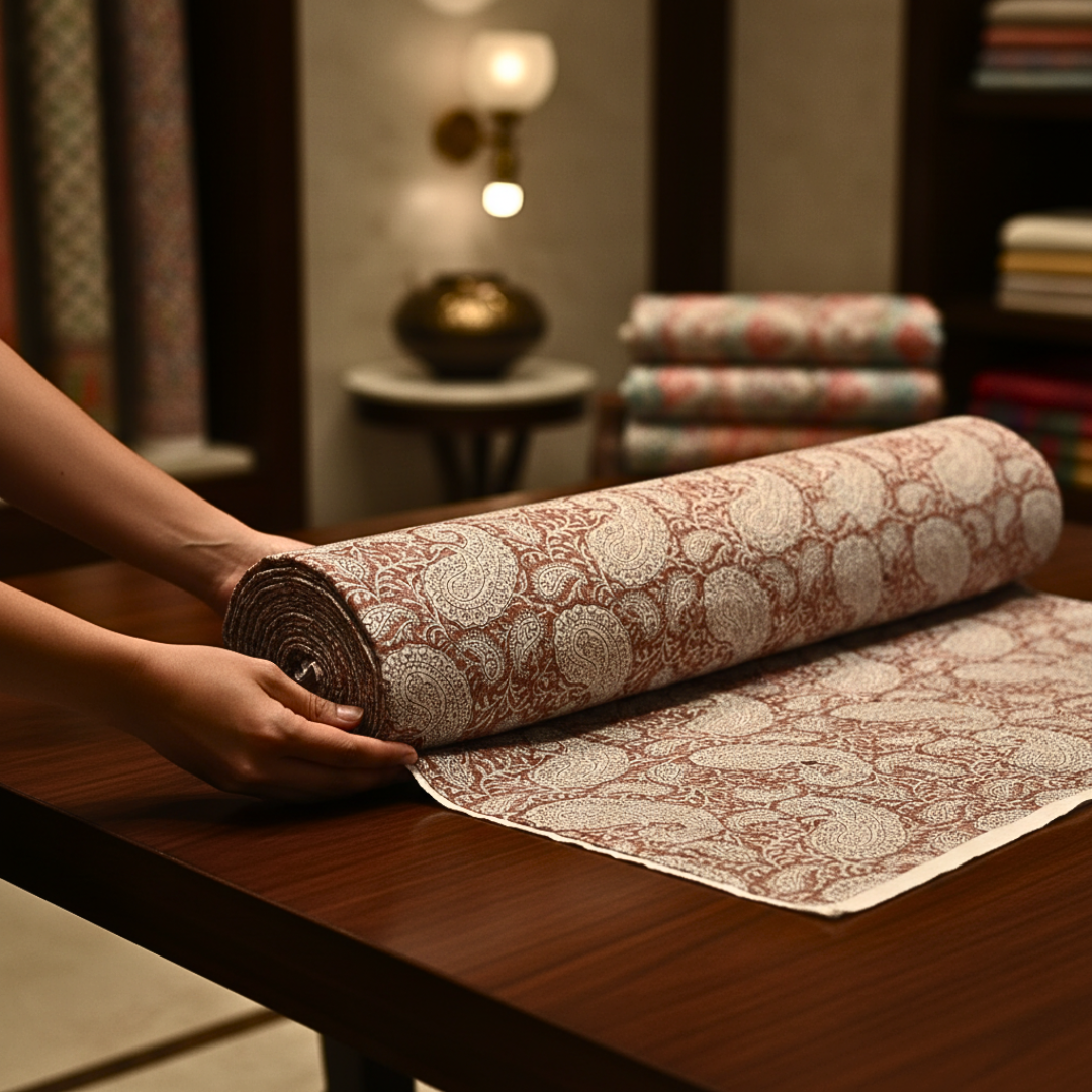 Single-Sided Block Printed Mal Cotton Fabric in Brown Paisley Pattern
