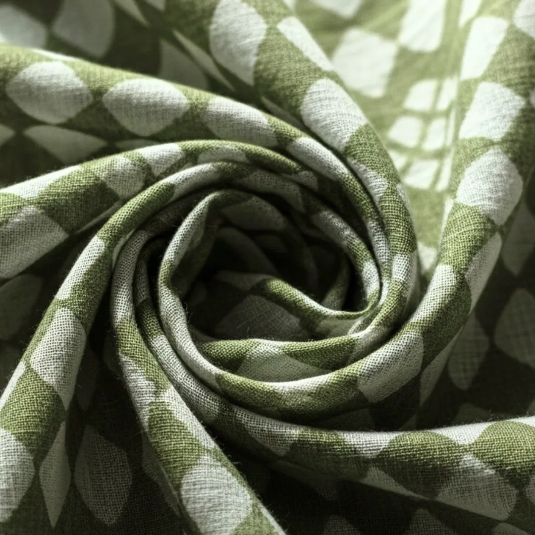 Single-Sided Hand Block Printed Mal Cotton Fabric – Green Geometric | Sold Per Meter