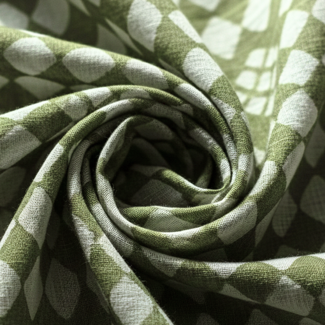 Single-Sided Block Printed Mal Cotton Fabric in Green Geometric Pattern