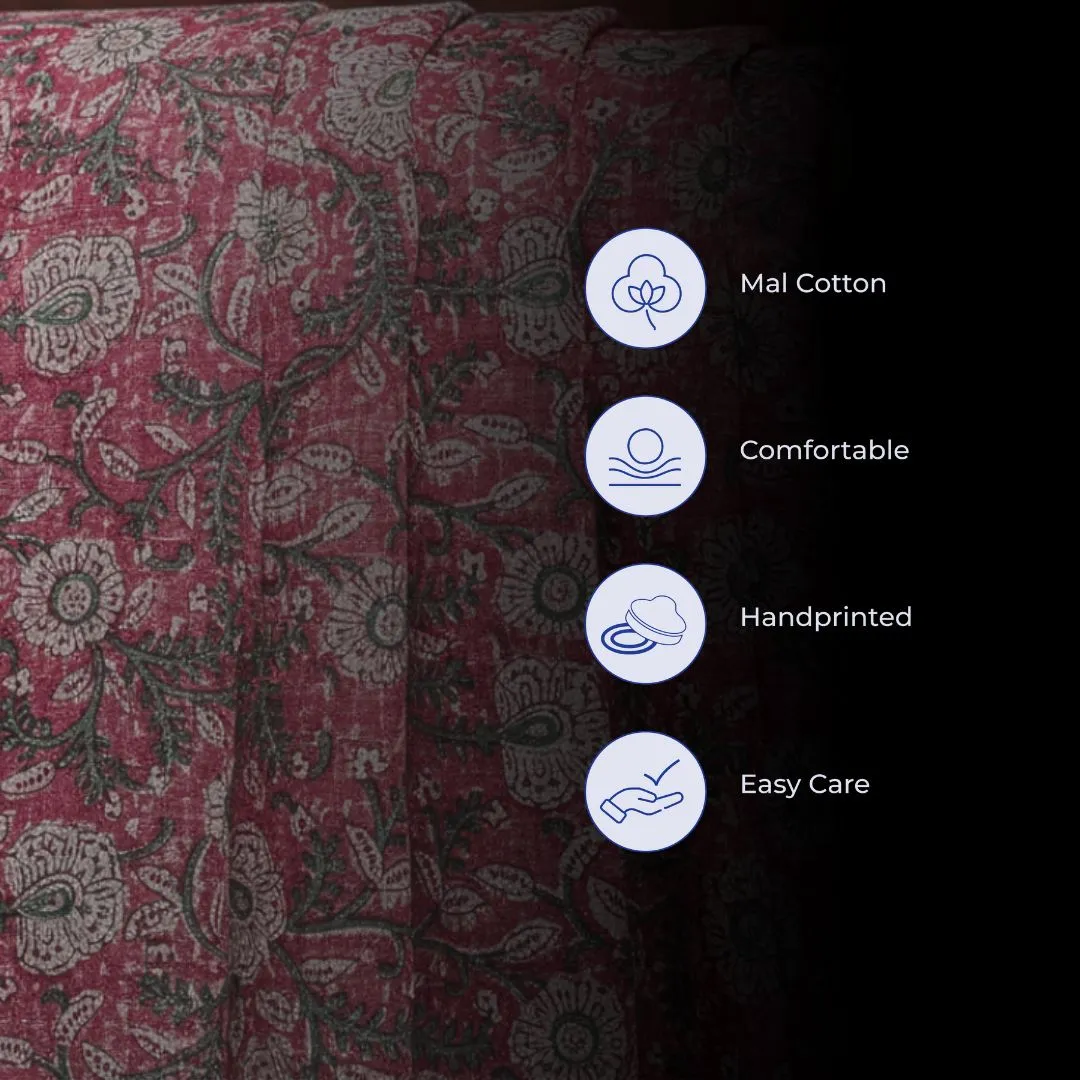 Single-Sided Hand Block Printed Mal Cotton Fabric – Red Floral | Sold Per Meter