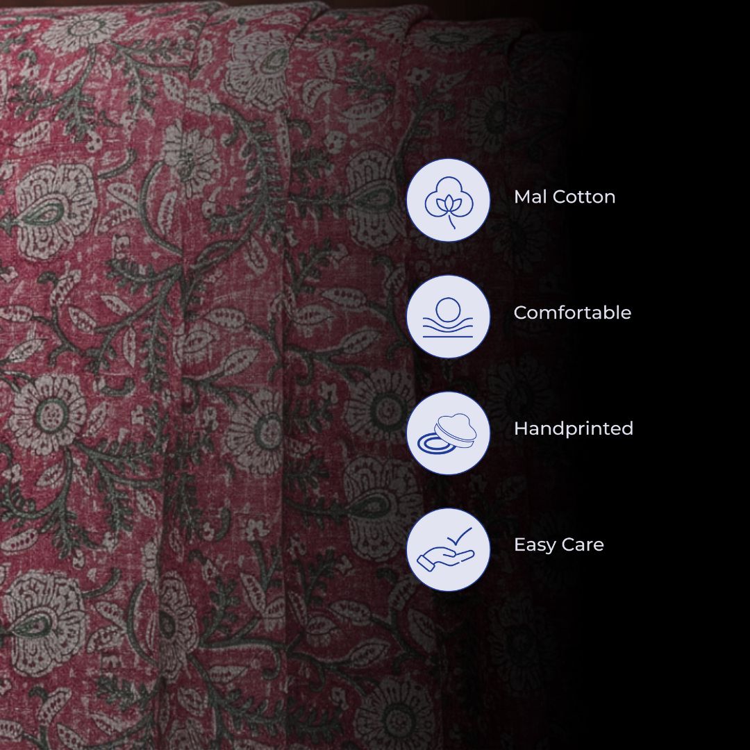 Single-Sided Block Printed Cotton Fabric in Red Floral Pattern