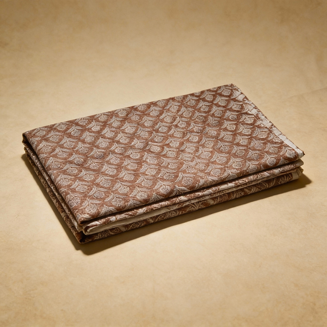 Single-Sided Hand Block Printed Mal Cotton Fabric – Brown Geometric Lattice | Sold Per Meter