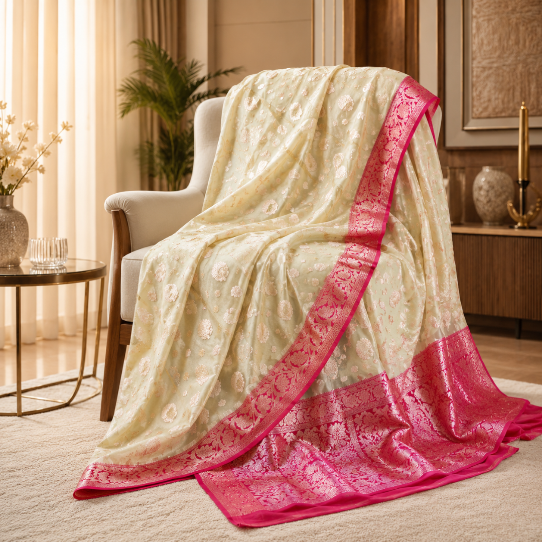 Handcrafted Creamy White Muslin Organza Saree with Deep Pink Zari Border & Blouse