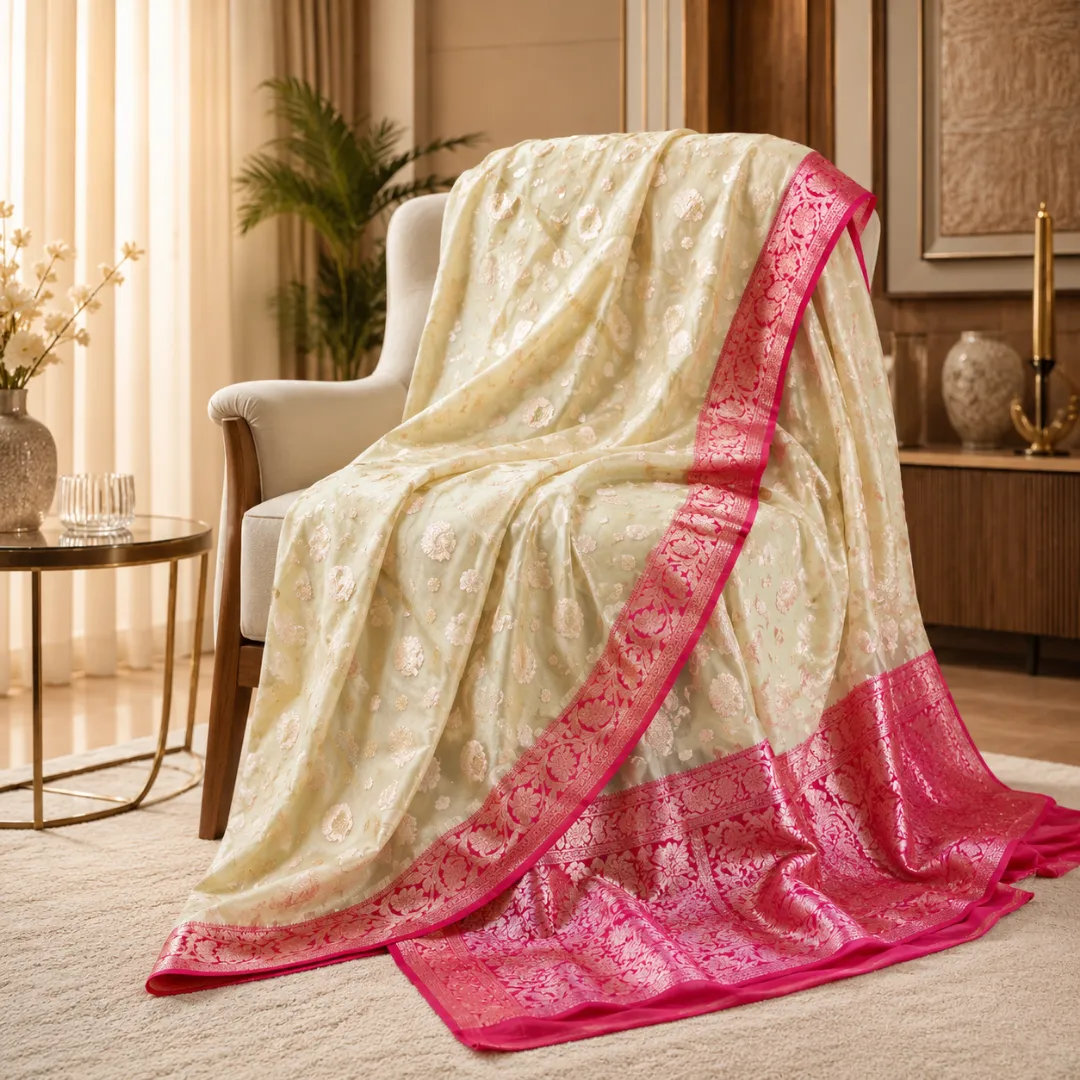Handcrafted Creamy White Muslin Organza Saree with Deep Pink Zari Border & Blouse