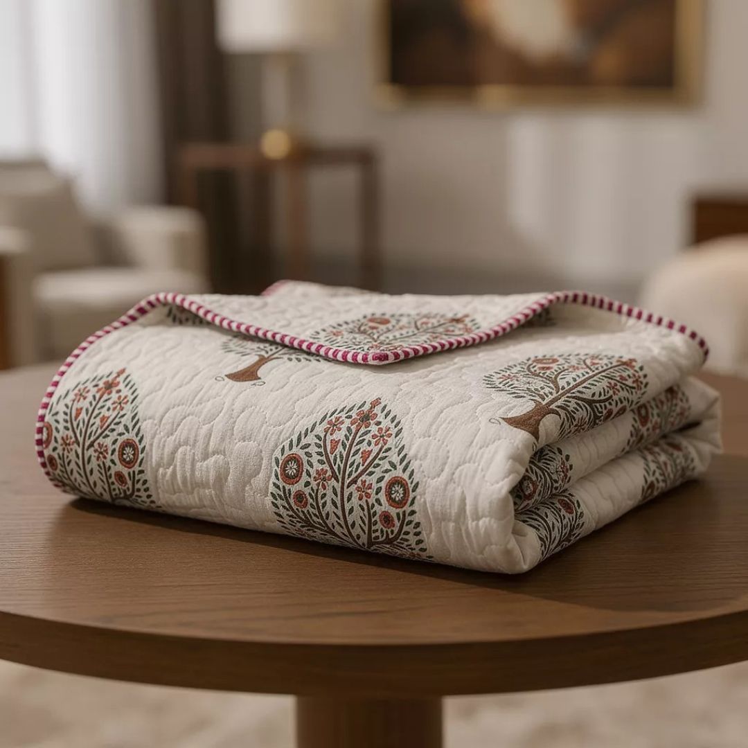 Double Double-Sided Block Printed Cotton Comforter in Grey Floral Pattern