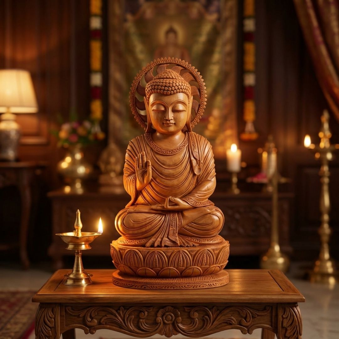 Lord Buddha Meditation Sandalwood Sculpture with Lotus Base Detailing