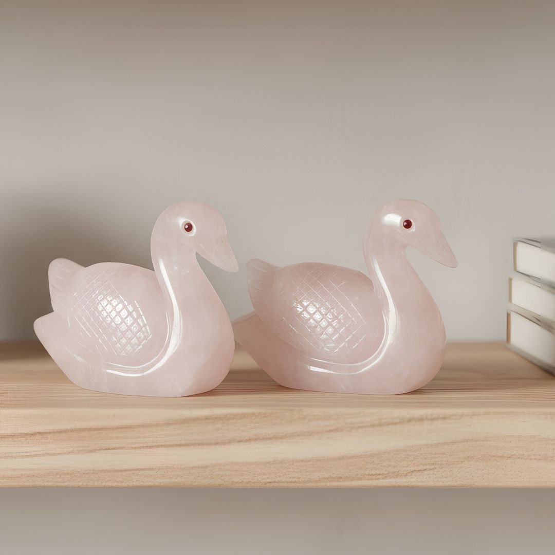 Hand Carved Rose Quartz Bird Pair for Home Decor and Healing Energy