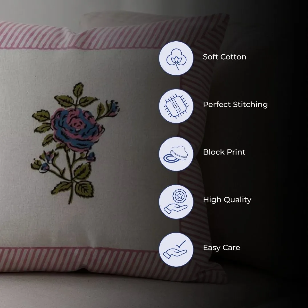 South Cotton Block Printed Cushion Covers with Central Floral Motif (Set of 2)