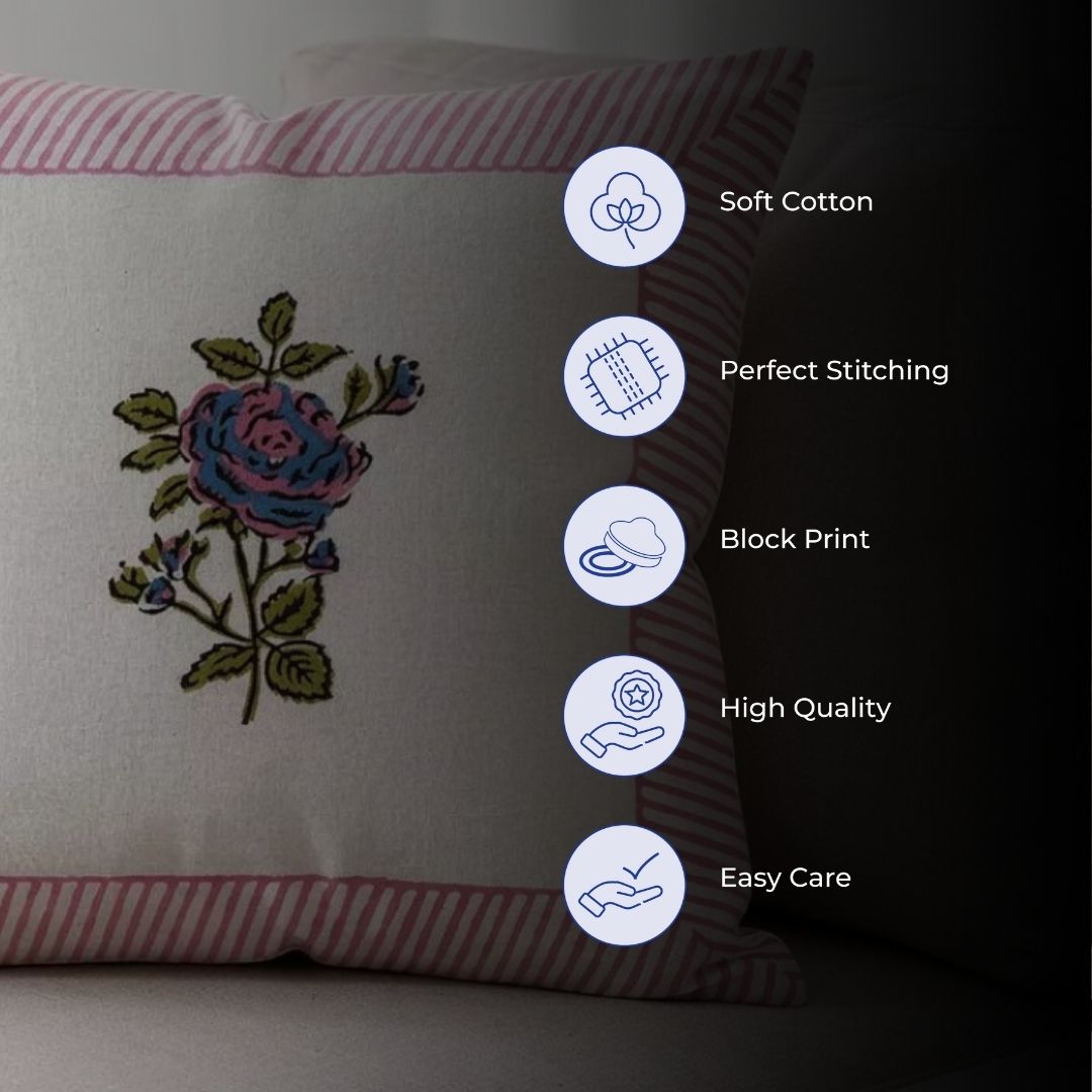 South Cotton Block Printed Cushion Covers with Central Floral Motif (Set of 2)