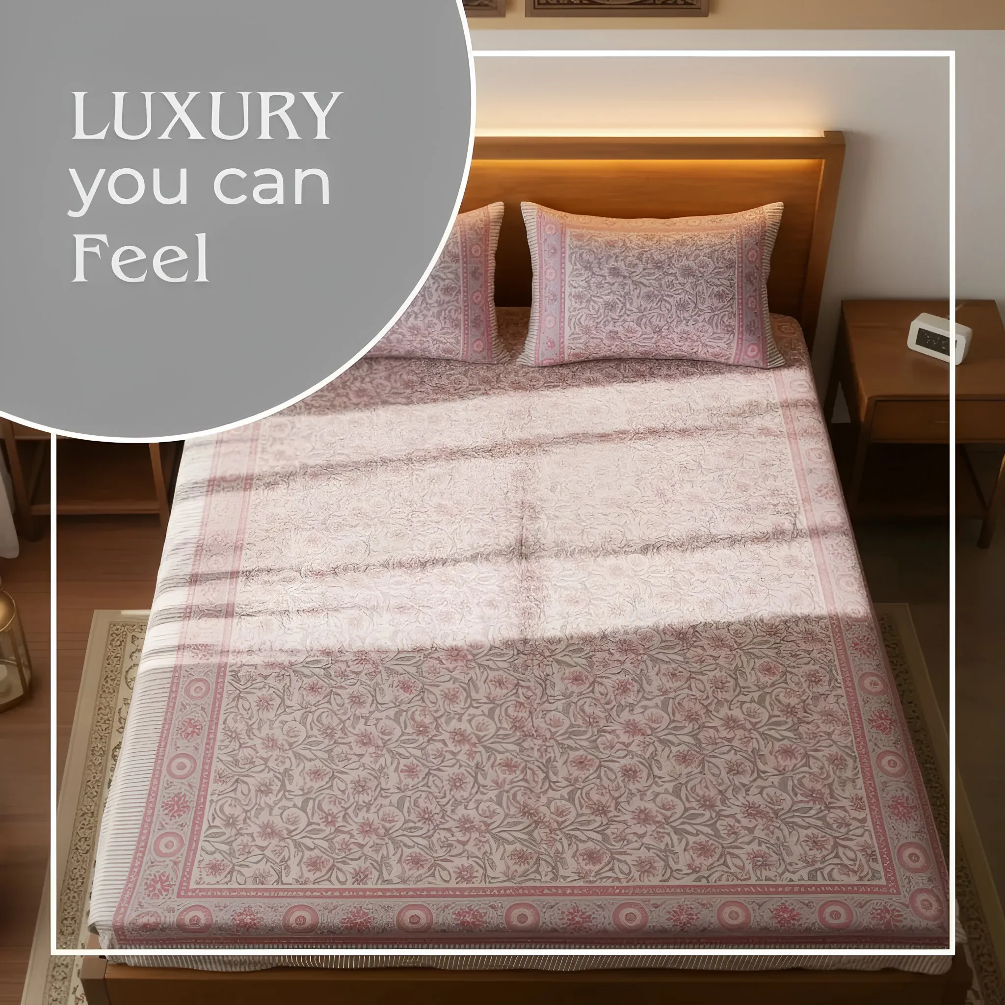 Single-Sided Block Printed Double Bedsheet in Soft Pink All-Over Pattern