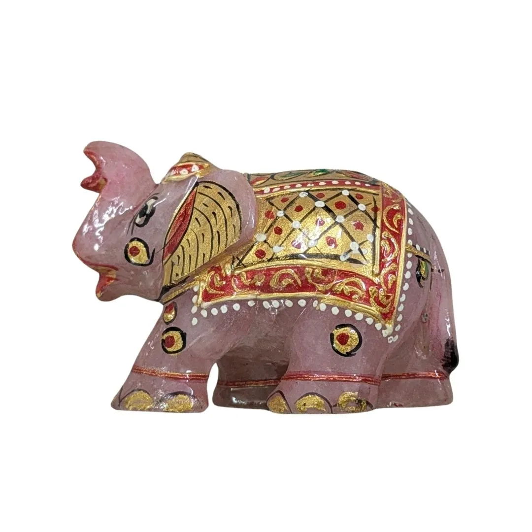 Handcrafted Rose Quartz Elephant Figurine with Traditional Painting