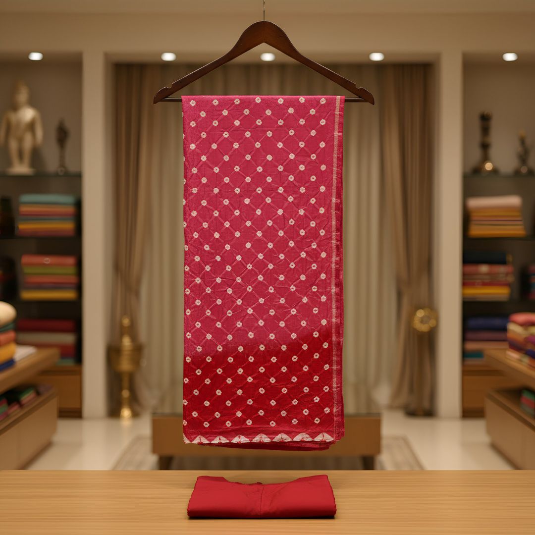 Silk Border Bandhej Saree with Lakdi Patta Pallu and Coordinated Blouse Piece (Unstitched)