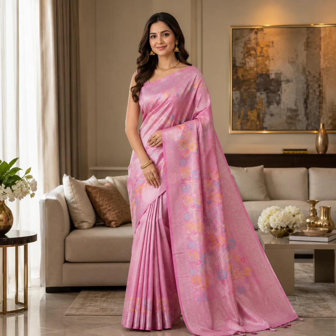 Graceful Handwoven Pink Paithani Silk Linen Saree with All-Over Butti & Blouse Piece