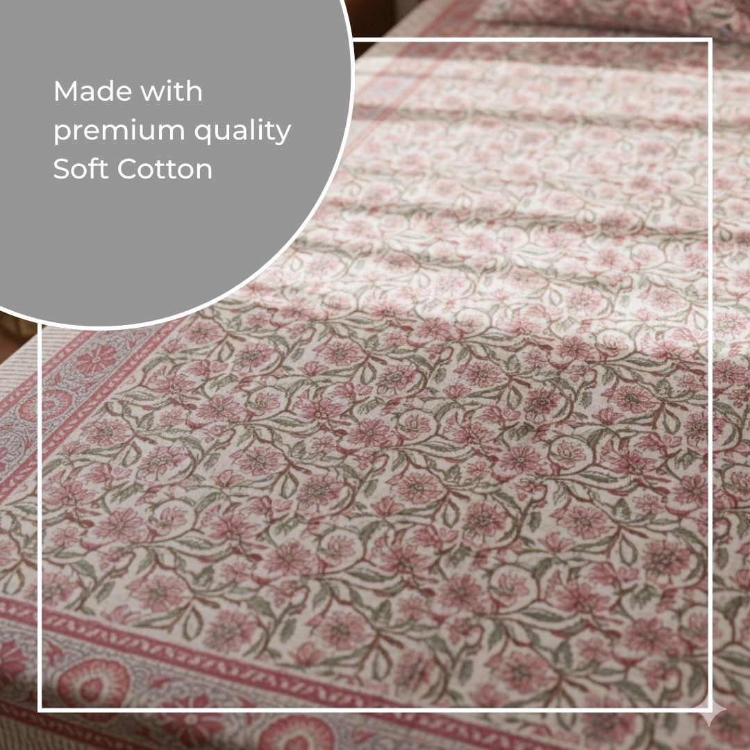Single-Sided Block Printed Double Bedsheet in Soft Pink All-Over Pattern