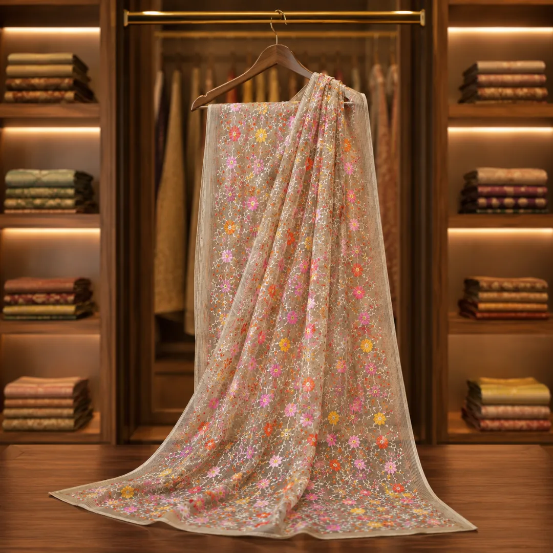 Handcrafted Elegant Resham Kota Embroidered Floral Silk Saree – Cream Base (No Blouse Piece)