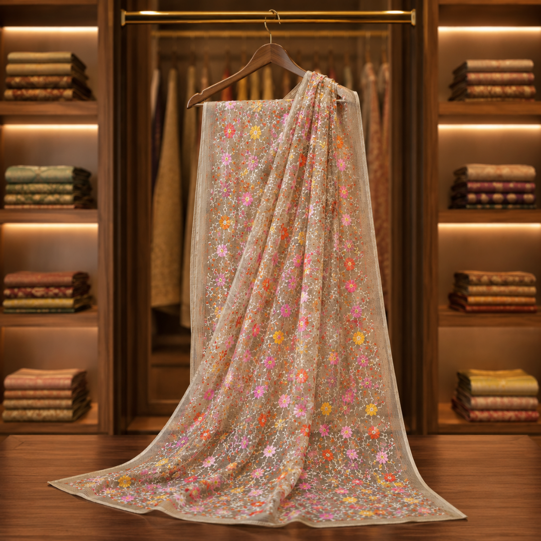 Handcrafted Elegant Resham Kota Embroidered Floral Silk Saree – Cream Base (No Blouse Piece)