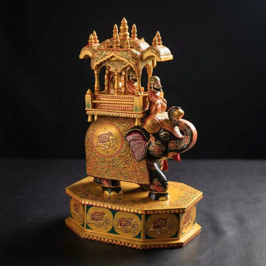 Golden Royal Elephant Palanquin Sculpture with Premium Rajasthani Howdah Detailing