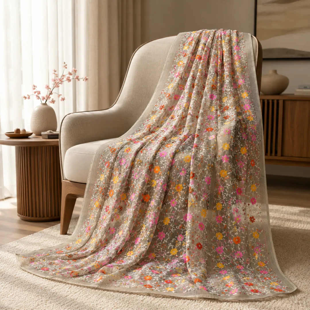 Handcrafted Elegant Resham Kota Embroidered Floral Silk Saree – Cream Base (No Blouse Piece)