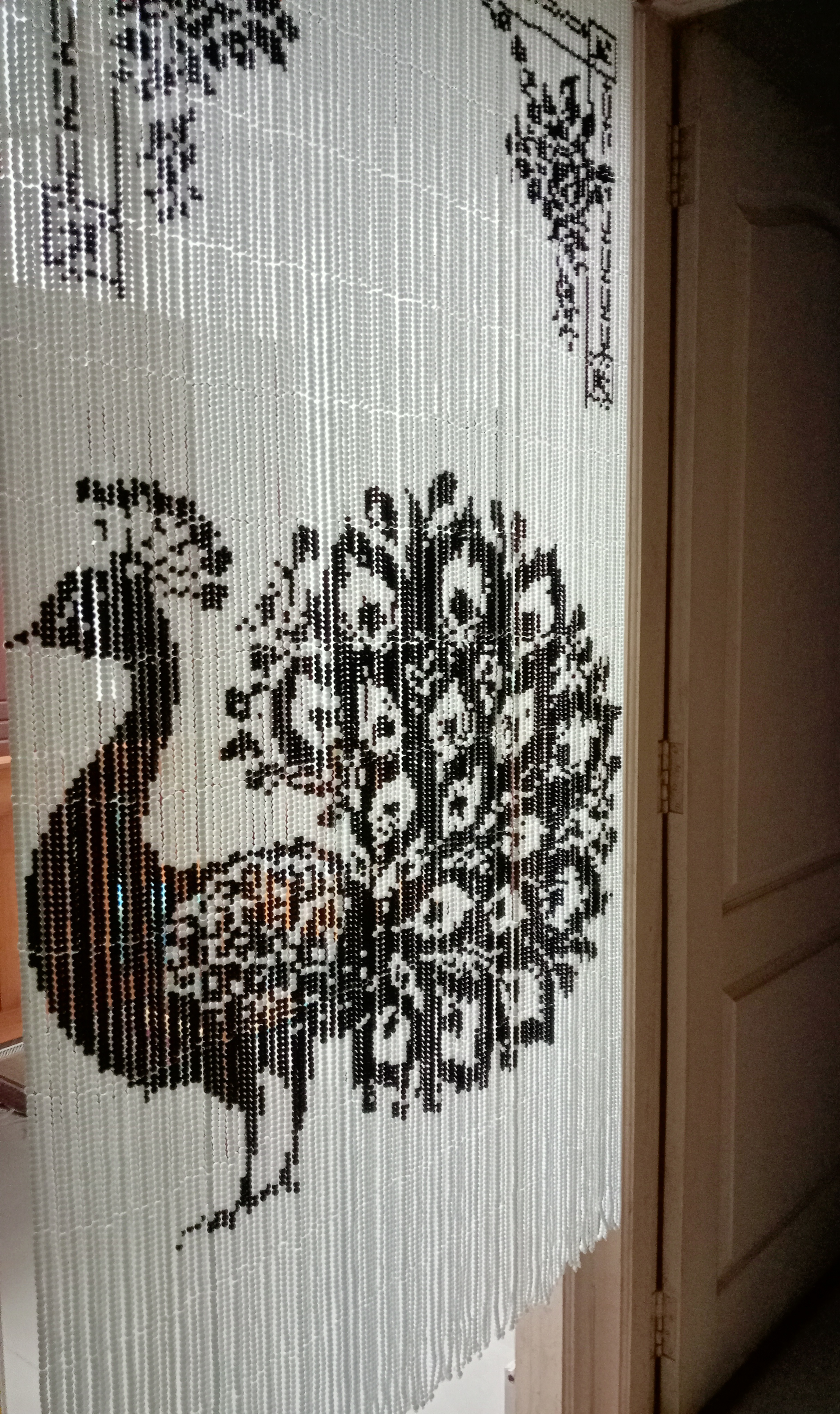 Handcrafted Pixel Glass Bead Curtain - Peacock Design - Featuring 37,700 Black and White Glass Beads