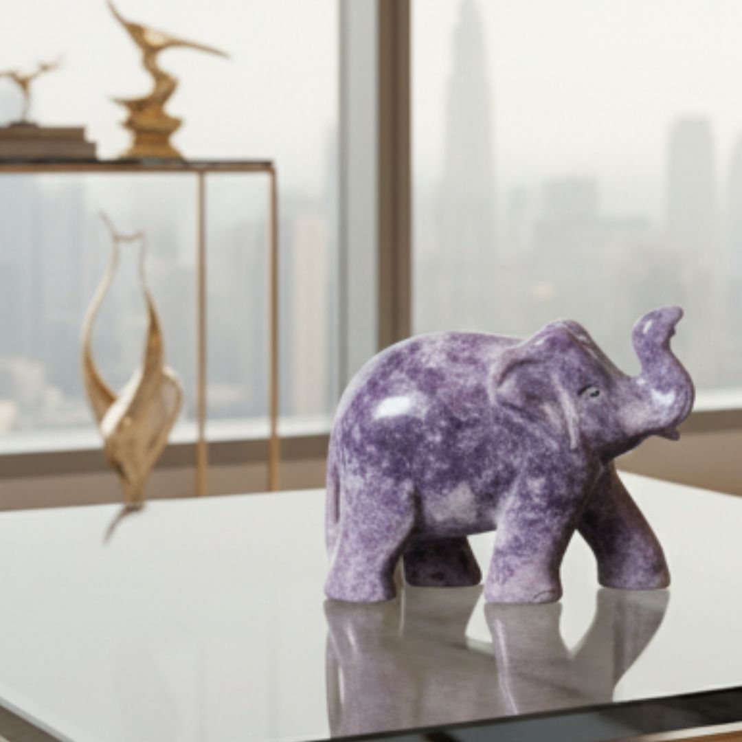 Hand Carved Lepidolite Gemstone Elephant Sculpture for Home Decor and Healing